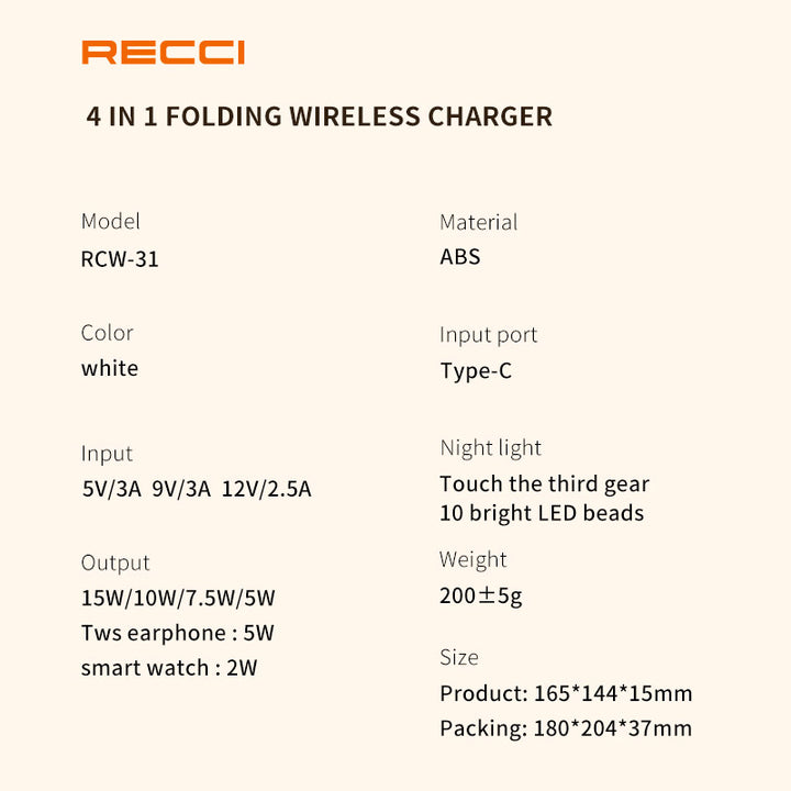 Recci 4 in 1 Folding Wireless Charger with Night Light 15W - iCase Stores