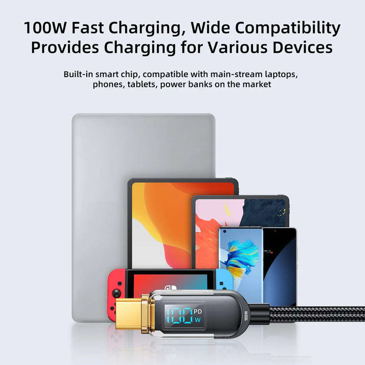 100W Digital Display Fast Charging Data Cable 1.2m Type-C to Type-C Cable - iCase Stores