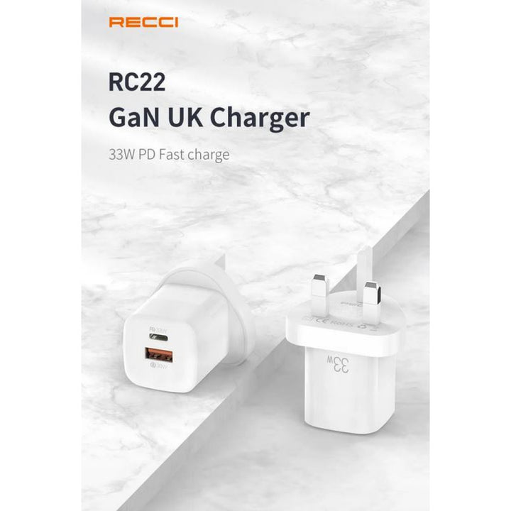 Recci Gan Dual Output Wall Charger 33W (UK Plug) - iCase Stores