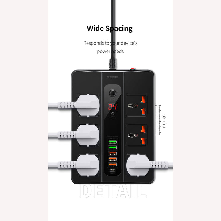 Recci 2500W POWER SOCKET 6 UNIVERSAL SOCKETS - 5 USB PORTS - iCase Stores