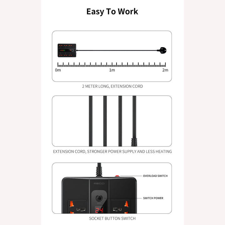 Recci 2500W POWER SOCKET 6 UNIVERSAL SOCKETS - 5 USB PORTS - iCase Stores