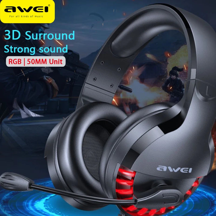 Awei Wired Gaming Headphones 3.5mm Plug Gamer Headset Surround Sound with Mic for Laptop PC Computer 50mm Driver - iCase Stores