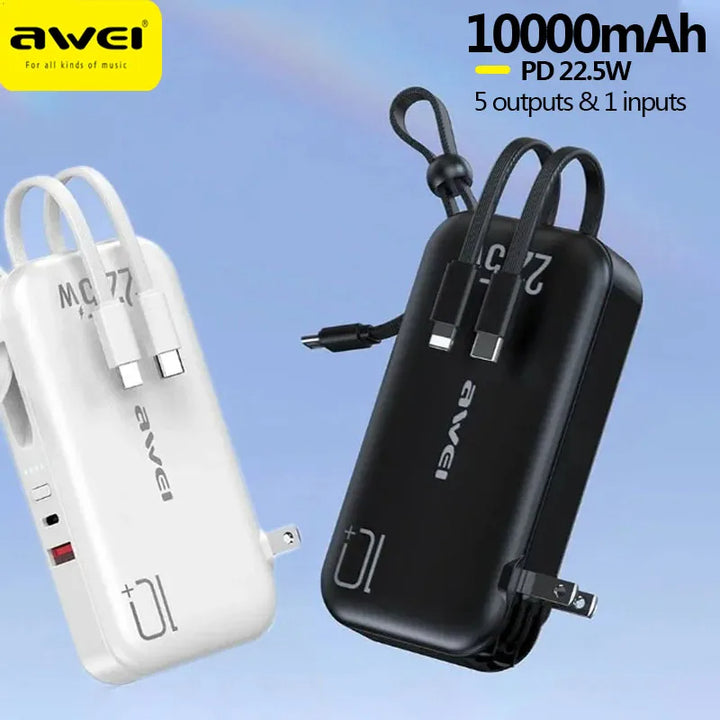 Awei 5 in 1 Portable Power Bank With Plug for iOS & Android PD22.5W /10000mAh - iCase Stores