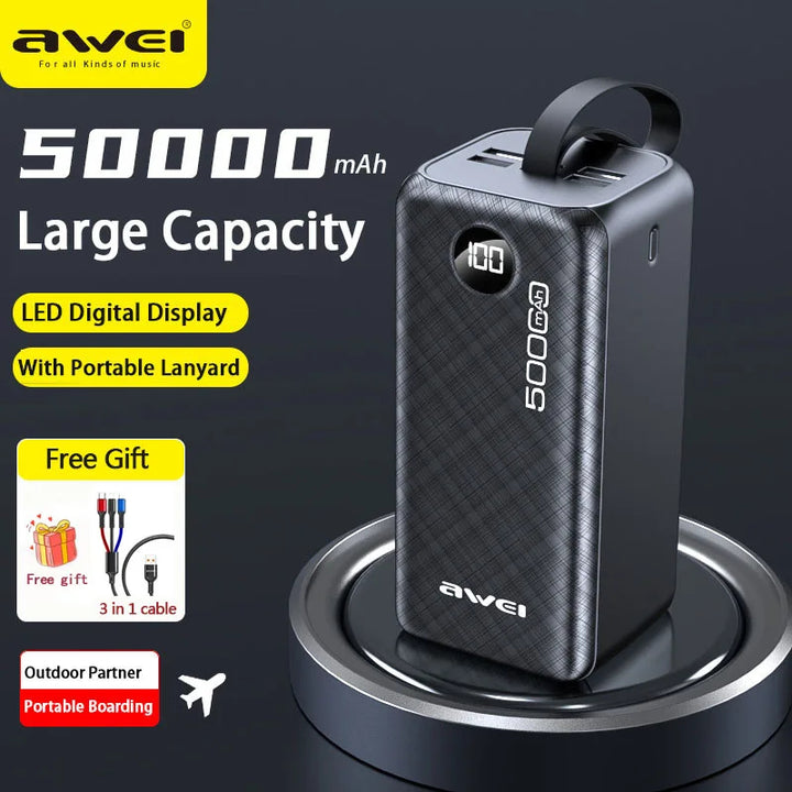 Awei Powerful Power Bank Spare External Battery Fast Charge With Led Digital Display 50000mAh - iCase Stores