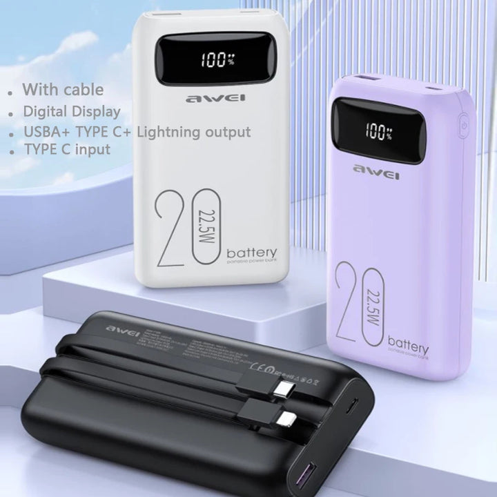 Awei Fast Charge Power Bank Led Digital Display with Built-in Cable 20000mAh / 22.5W - iCase Stores