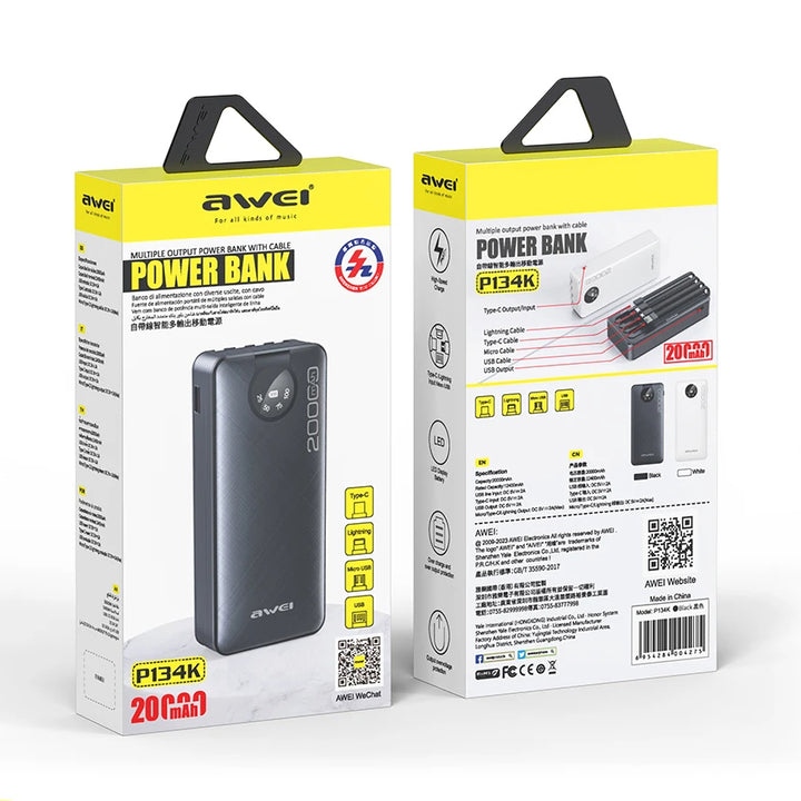 Awei 4 In 1 Built-in Cables Multiple Output Power Bank with Led Digital Display 20000mAh - iCase Stores