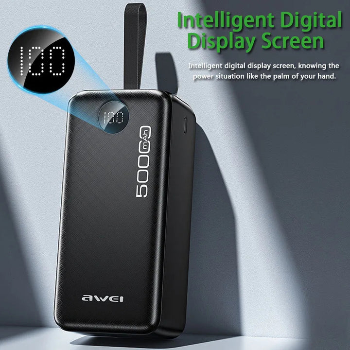 Awei Powerful Power Bank Spare External Battery Fast Charge With Led Digital Display 50000mAh - iCase Stores