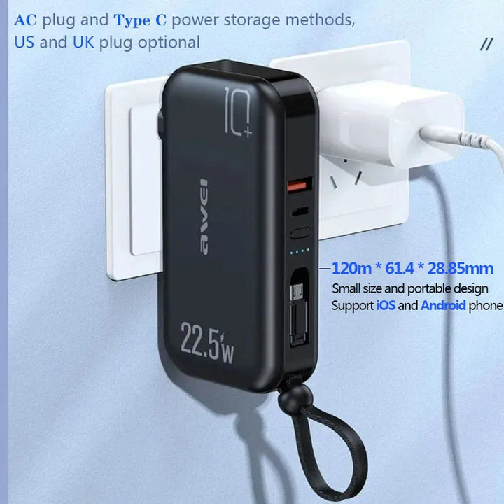 Awei 5 in 1 Portable Power Bank With Plug for iOS & Android PD22.5W /10000mAh - iCase Stores