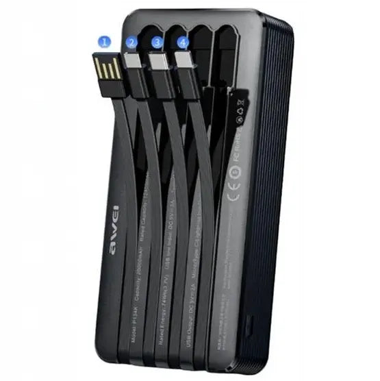 Awei 4 In 1 Built-in Cables Multiple Output Power Bank with Led Digital Display 20000mAh - iCase Stores