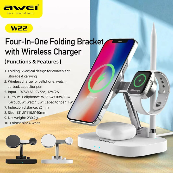 Awei Foldable 4 in 1 Wireless Charger Fast Charging Station for Cellphone Smart Watch Earphones Magnetic Charging Stand 15W - iCase Stores