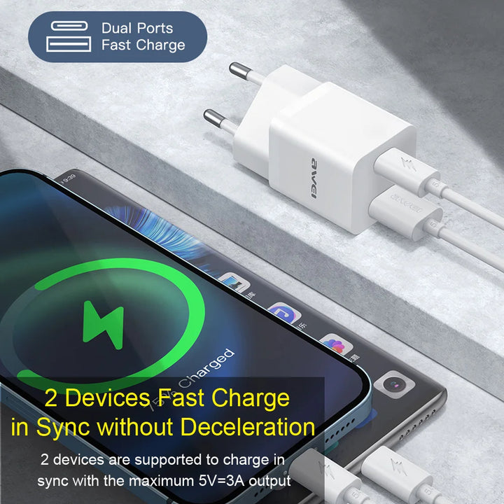 Awei Dual Port Fast Charging Wall Adapter Quick Charge PD 20W /  5A - iCase Stores