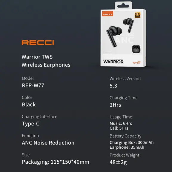 Recci Warrior ANC Wireless Bluetooth 5.3 In-Ear AirPods - iCase Stores