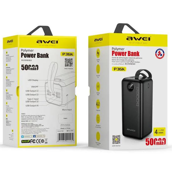 Awei Powerful Power Bank Spare External Battery Fast Charge With Led Digital Display 50000mAh - iCase Stores