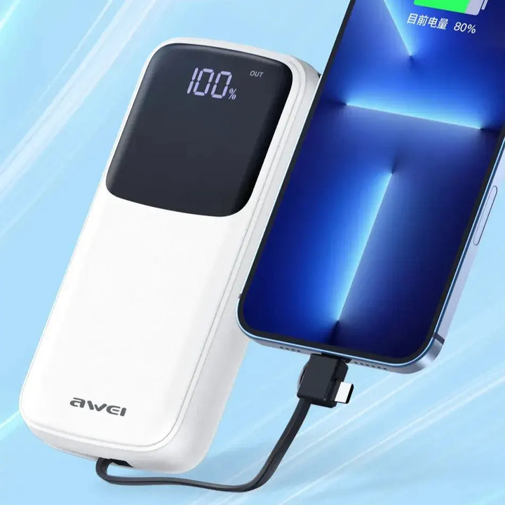 Awei Power Bank Fast Charging with Built-in Cable LED Power Display Battery 20000mAh - iCase Stores