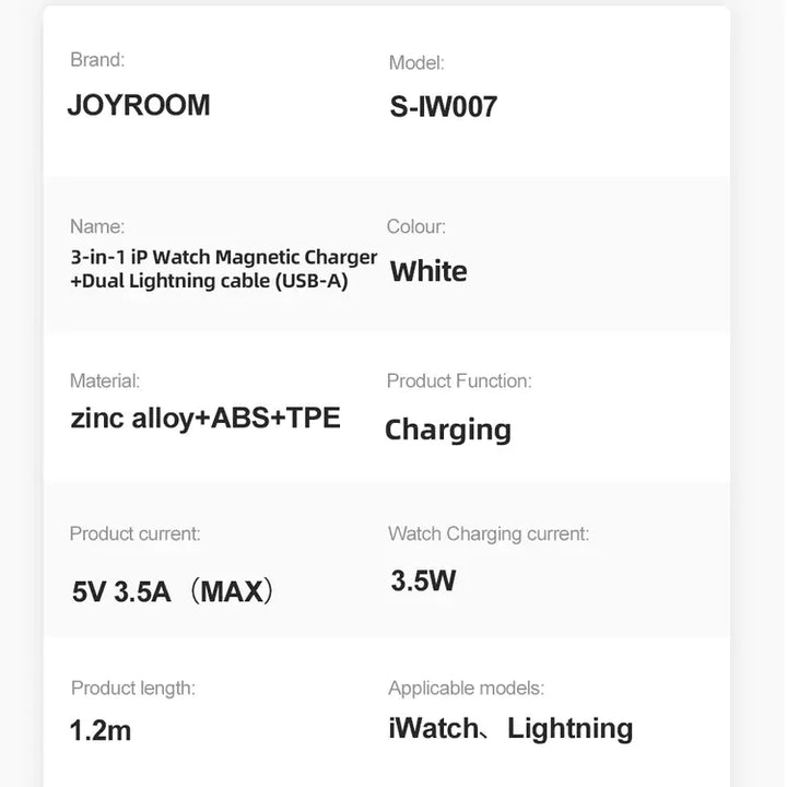 Joyroom 3-in-1 iP Watch Magnetic Charging Cable 1.2m - iCase Stores