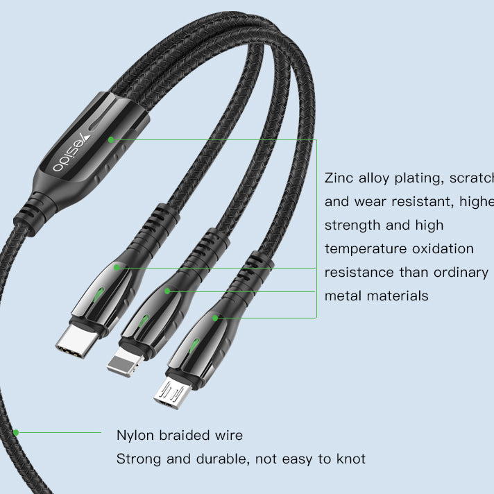 Yesido 3 in 1 USB Cable with Led Light 5A - iCase Stores