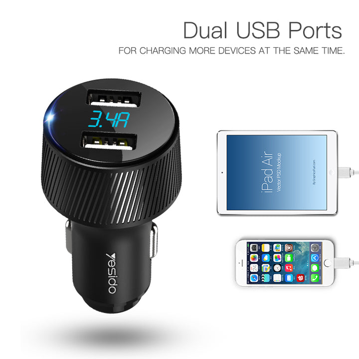 Yesido Aluminum Alloy Dual USB 3.4A Car Charger with Voltmeter - iCase Stores