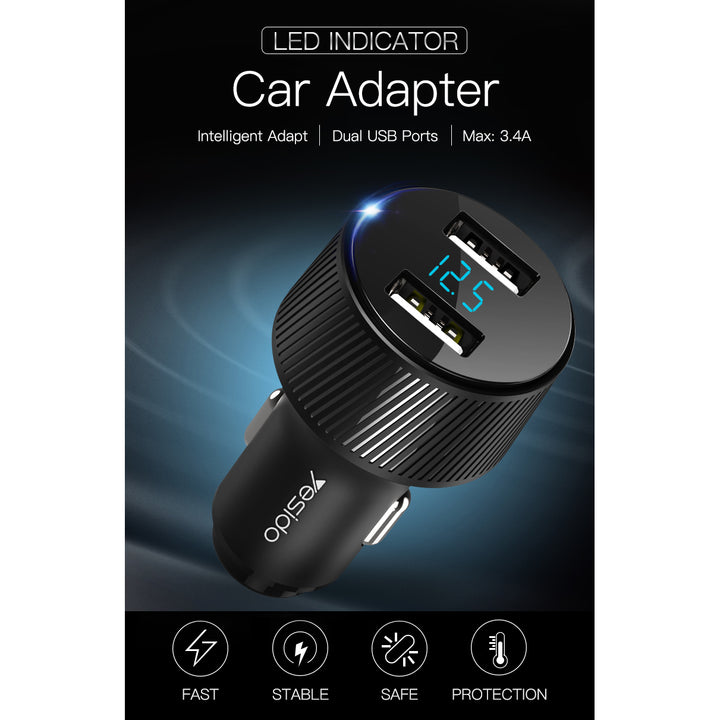 Yesido Aluminum Alloy Dual USB 3.4A Car Charger with Voltmeter - iCase Stores