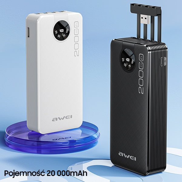 Awei 4 In 1 Built-in Cables Multiple Output Power Bank with Led Digital Display 20000mAh - iCase Stores