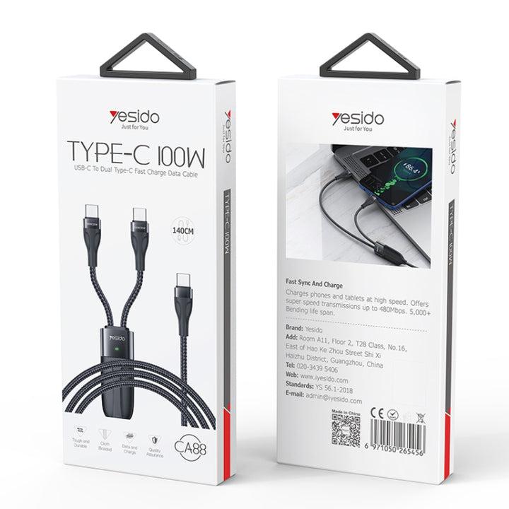 Yesido 2 In 1 Type-C  Fast Charging Cable 100W - iCase Stores