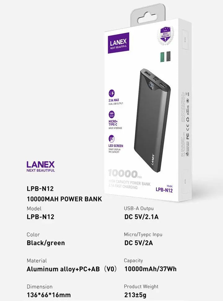 Lanex 10000mAh Power Bank with Led Screen - iCase Stores