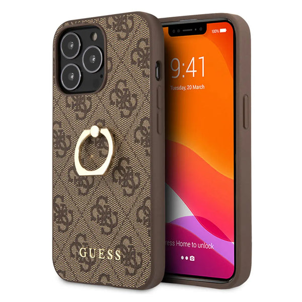 𝐆𝐔𝐄𝐒𝐒 Leather Case Brown 4g Collection With Ring Stand - iCase Stores