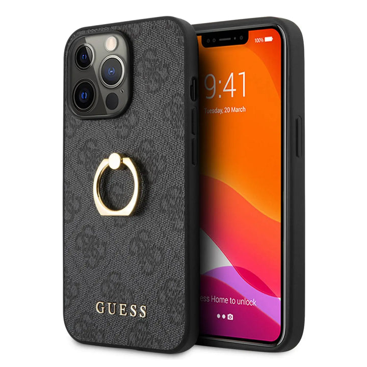 𝐆𝐔𝐄𝐒𝐒 Leather Case Grey 4g Collection With Ring Stand - iCase Stores