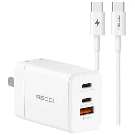 Recci 65W Gallium Nitride Fast Charger Dual Type-C Port+USB Port Charger Set - iCase Stores