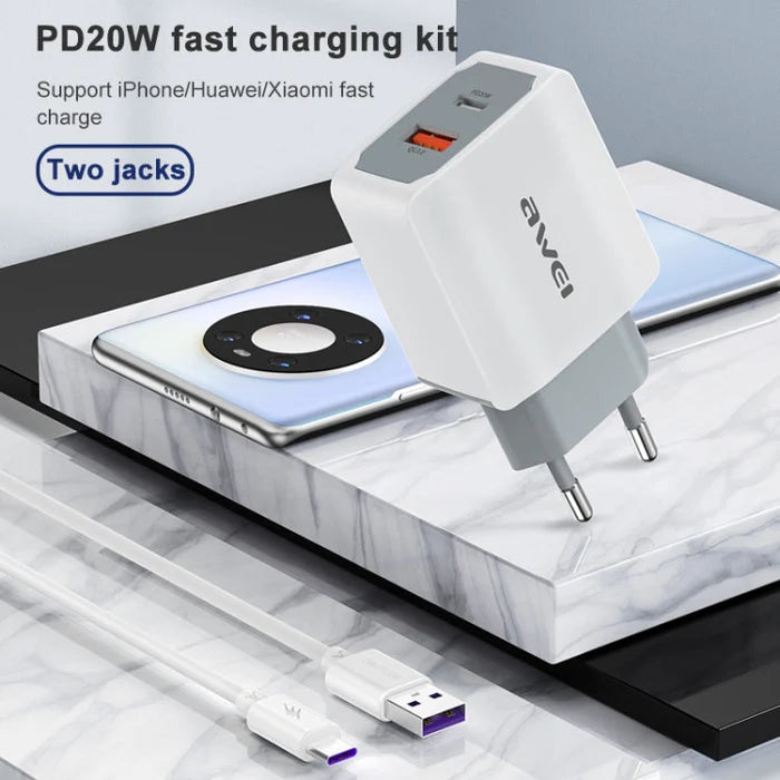 Awei 2 Port Quick Charger Adapter With Type-C Charging Cable 20W - iCase Stores