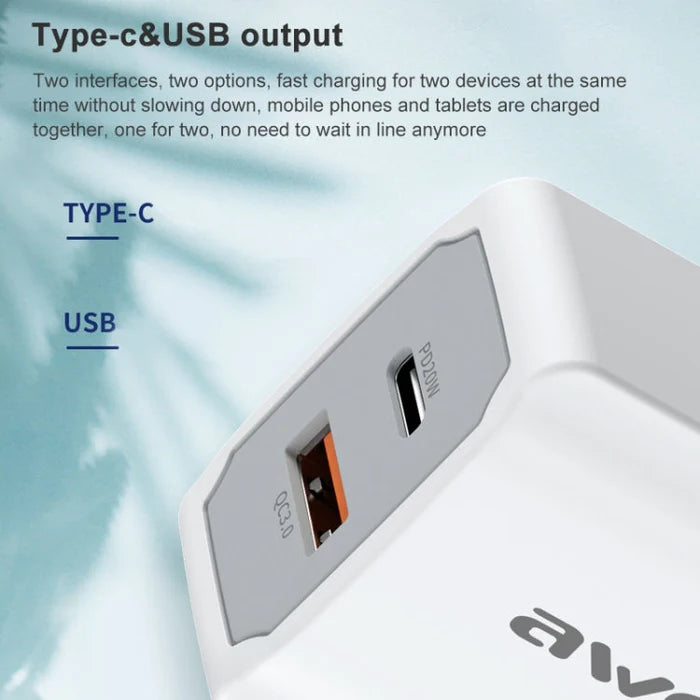 Awei 2 Port Quick Charger Adapter With Type-C Charging Cable 20W - iCase Stores