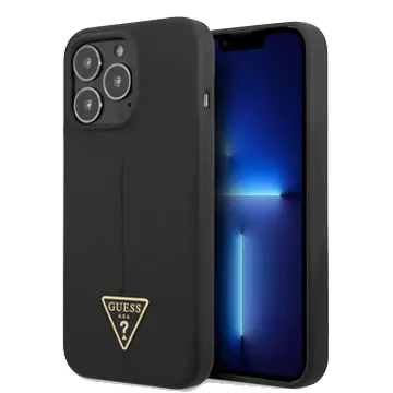 𝐆𝐔𝐄𝐒𝐒 Silicone Black Case Shiny Line And Metal Triangle Tone On Tone Logo - iCase Stores