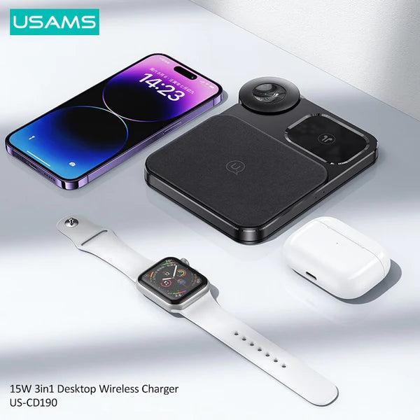 USAMS 3 In 1 Desktop Wireless Fast Charging Station 15W - iCase Stores