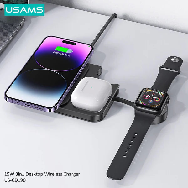 USAMS 3 In 1 Desktop Wireless Fast Charging Station 15W - iCase Stores