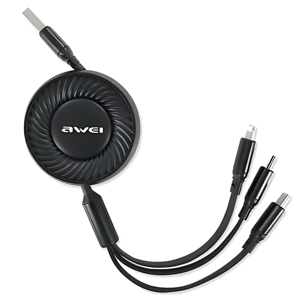 Awei 3 in 1 Multi Charging Cable Fast Charge  Retractable Flexible Cord 2.4A / 1m