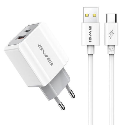 Awei 2 Port Quick Charger Adapter With Type-C Charging Cable 20W - iCase Stores