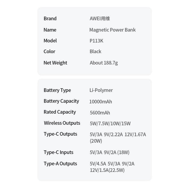 Awei Ultra-thin Magnetic Wireless Charging 10000mAh / PD20W - iCase Stores