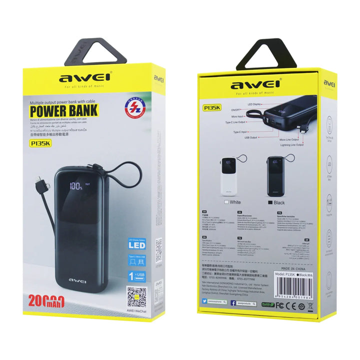 Awei Power Bank Fast Charging with Built-in Cable LED Power Display Battery 20000mAh - iCase Stores