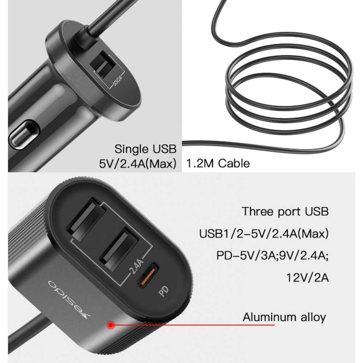 Yesido Multi Port Car Fast Charger 48W - iCase Stores