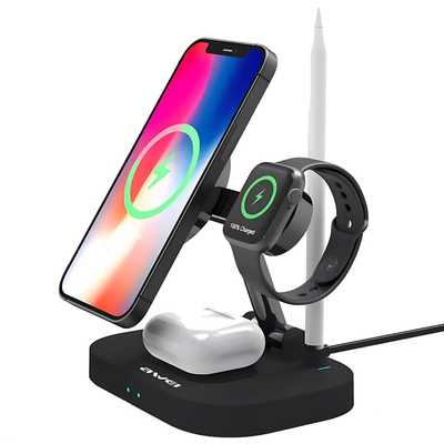 Awei Foldable 4 in 1 Wireless Charger Fast Charging Station for Cellphone Smart Watch Earphones Magnetic Charging Stand 15W - iCase Stores