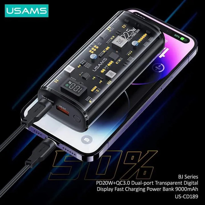 Usams Dual-Port Transparent Digital Display Fast Charging Power Bank 9000mAh - iCase Stores