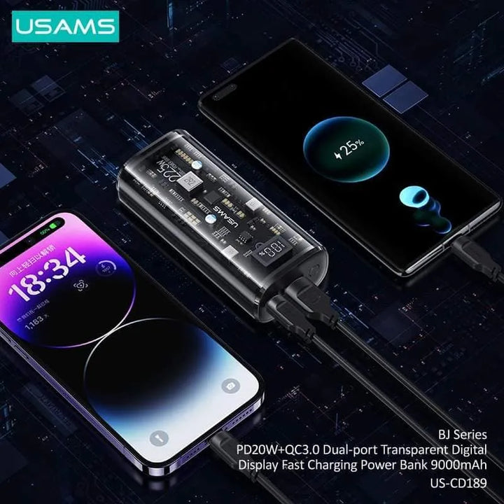 Usams Dual-Port Transparent Digital Display Fast Charging Power Bank 9000mAh - iCase Stores